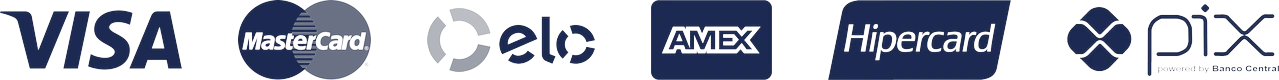 Visa, Mastercard, Elo, American Express, Hipercard e Pix